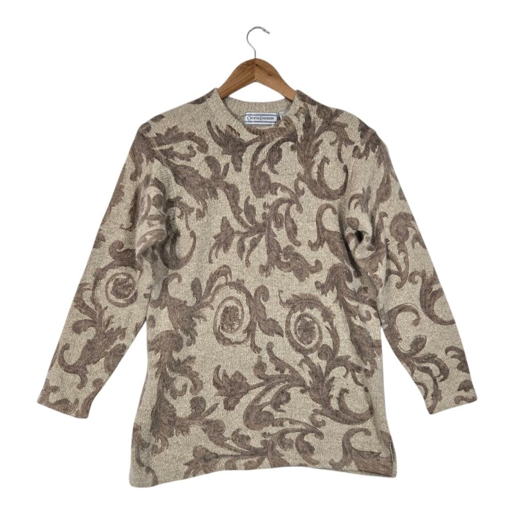 Vintage 90s Croft & Barrow Sweater M Silk Angora Blend Scroll Beige Brown Luxe